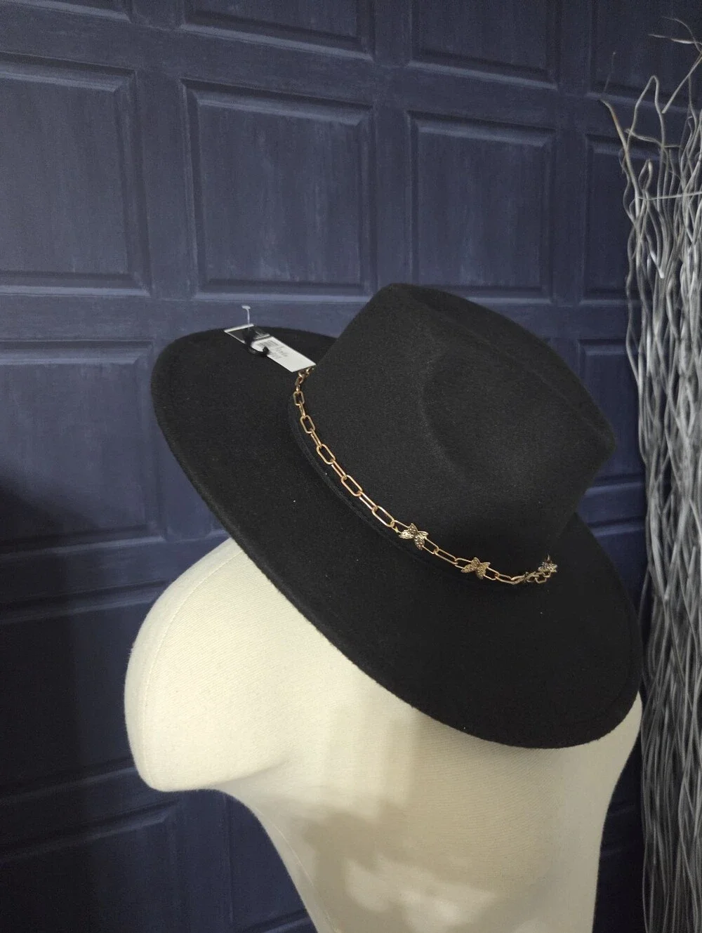 Black Fedora With Gold Chain Detail Butterfly Charms
